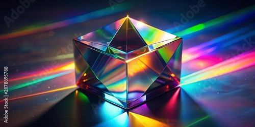 Reflections of color and light from a glass prism on a dark surface