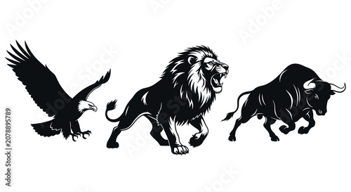 Φωτογραφία Eagle lion and bull animal silhouettes against a white background silhouette