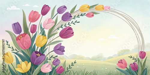 Unique half wreath frame design with vibrant tulips in modern flat style