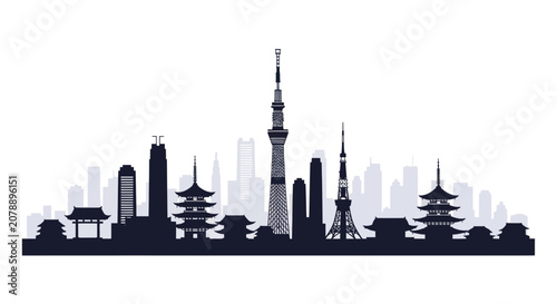 Tokyo city skyline silhouette with traditional and modern landmarks