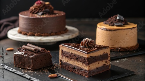 Three decadent chocolate mousse cakes presented on a dark background highlighting their rich textures and flavors