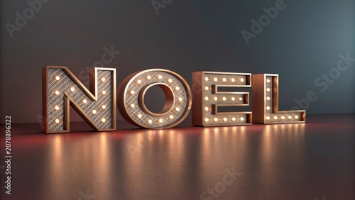 Typography featuring metallic letters spelling 'NOEL' illuminated with soft lighting, perfect for holiday decor