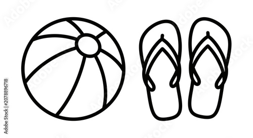 Beach Ball And Flip Flops Black Line Silhouette