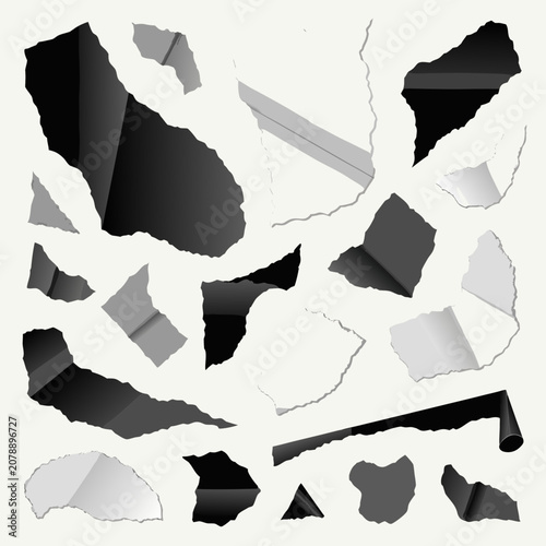 Set of torn paper pieces and ripped page segments in black grey and white colors with fragment