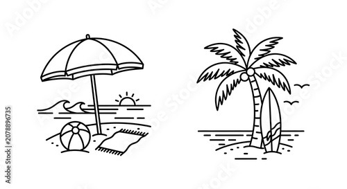 Beach Scene With Umbrella And Palm Tree Black Line Silhouette