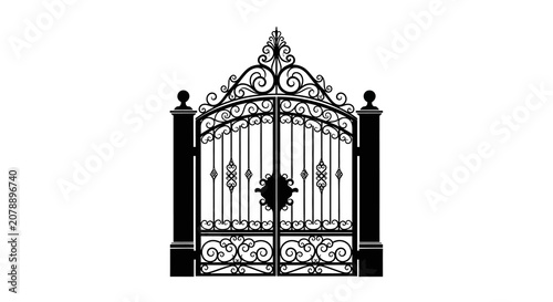 Ornate wrought iron gate with flourishes black silhouette