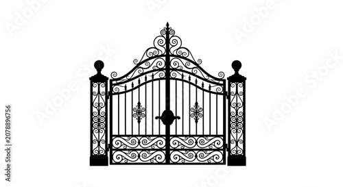 Wrought iron gate with ornate details black silhouette