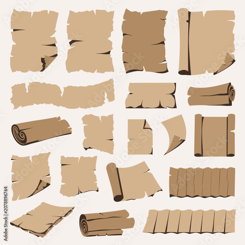 Collection of old vintage paper scrolls and parchment sheets with torn edges parchment document