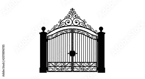 Ornate wrought iron gate with decorative flourishes black silhouette