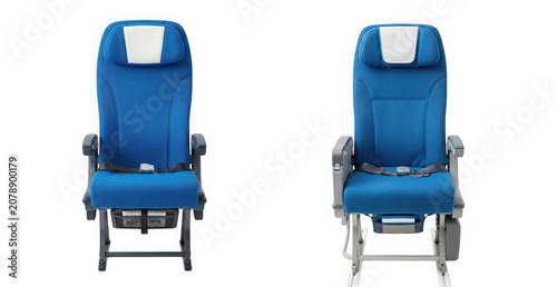 Two empty blue airplane seats arranged in a row isolated on transparent background