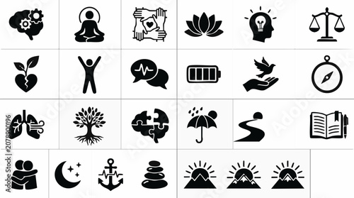 Obraz na plátne Mental Health and Wellness Icon Set for Mind, Body, and Spirit