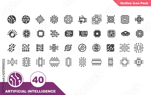 40 outline icons focused on Artificial Intelligence (AI) and computer hardware components,Icons for GPUs (graphics cards), RAM modules, and motherboards