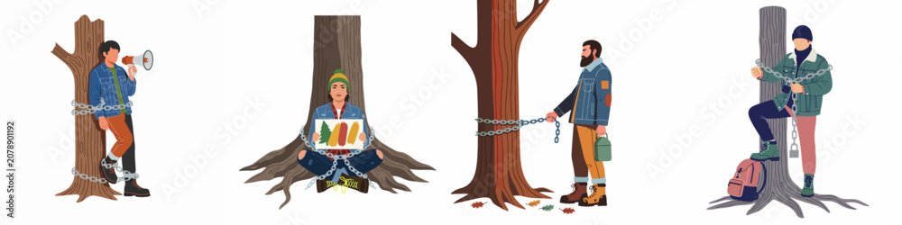 Fototapeta premium Flat vector illustrations of diverse environmental activists chained to trees, protesting against deforestation and advocating for nature conservation on a white background.