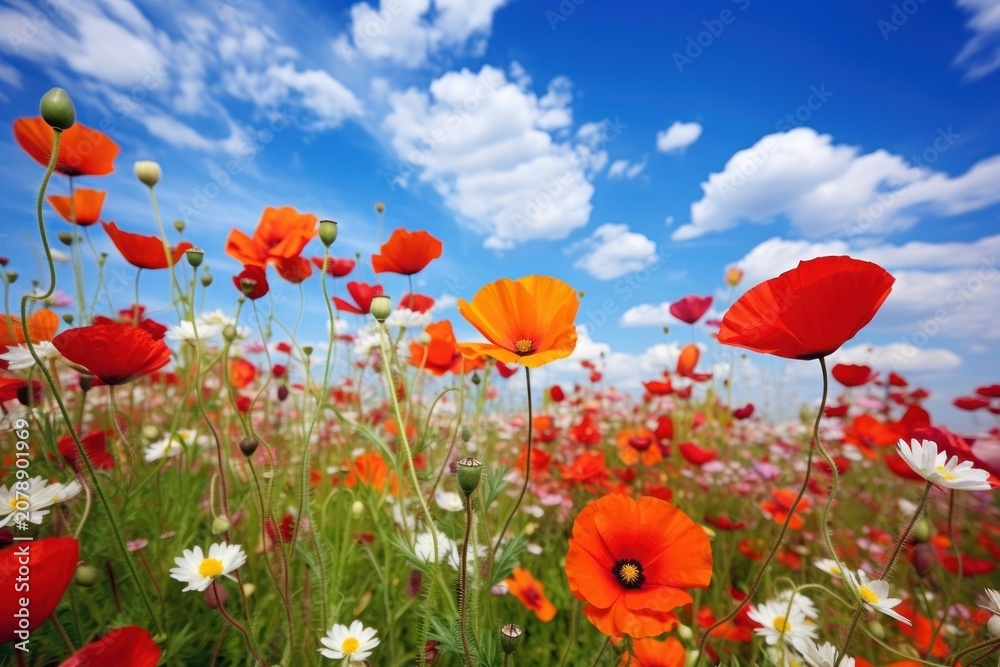 Fototapeta premium Natural flowers landscape sky grassland.