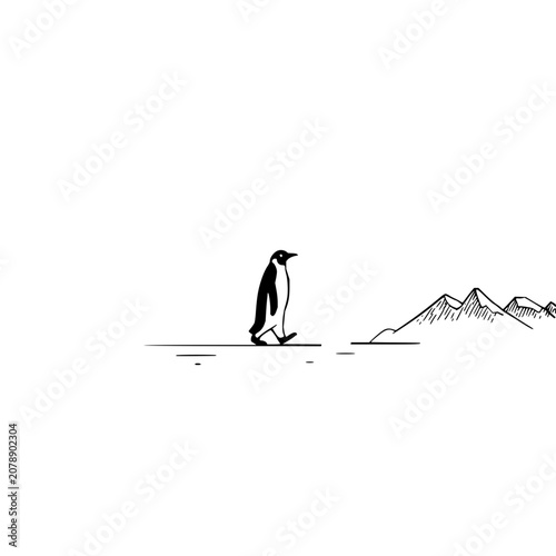 Penguin walking antarctica ice landscape black and white minimalist drawing vector illustration graphic design art