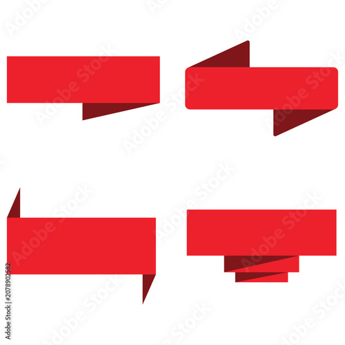 Red ribbon banner set in elegant style, decorative label and award design elements isolated on white background.