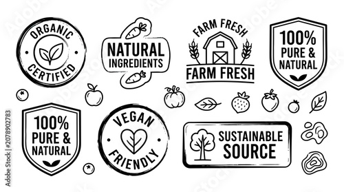 Foto Organic Food Labels Collection: Natural, Vegan, Farm Fresh, Sustainable Source