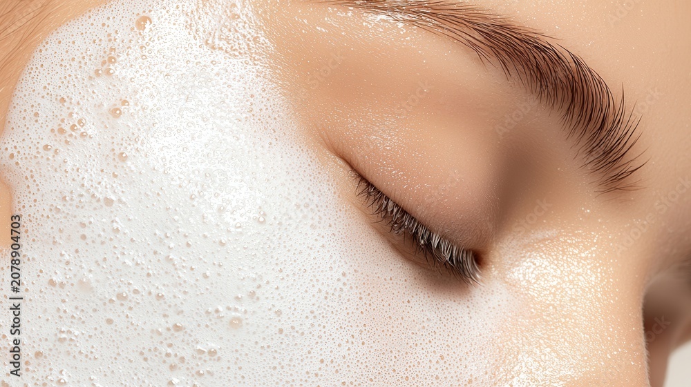 Fototapeta premium Woman's closed eye and smooth skin covered in white cleansing foam highlighting beauty freshness and skincare routine