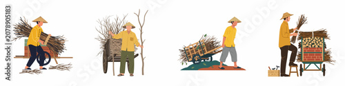 Canvastavla Flat illustrations of Asian farmers in conical hats gathering and transporting bundles of firewood and brushwood using traditional wooden carts on white background