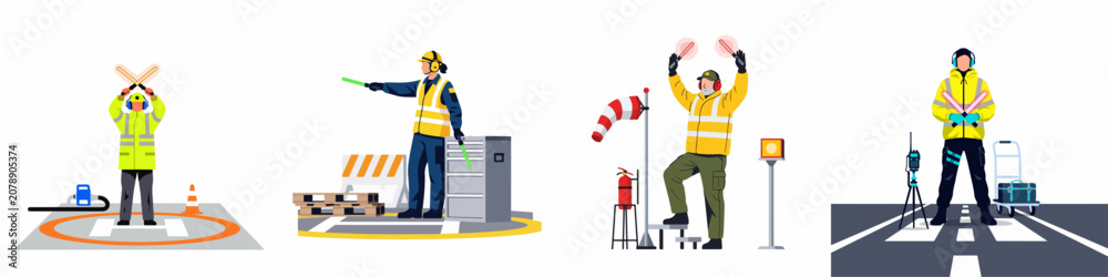 Fototapeta premium Vector illustration of airport ground crew members in high-visibility uniforms performing marshalling and ground handling tasks on runways and helipads.