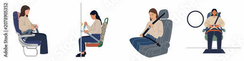 Set of vector illustrations of women fastening seatbelts for safety in different transport vehicles including car, bus, and airplane.