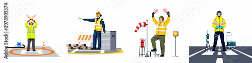 Bild auf Leinwand Vector illustration of airport ground crew members in high-visibility uniforms performing marshalling and ground handling tasks on runways and helipads