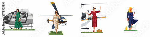Фотография Flat vector illustration set of elegant women in fashionable dresses traveling by private helicopter for luxury lifestyle and aviation themes