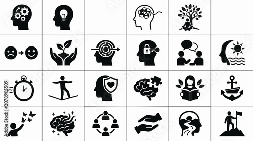 Obraz na plátne Mental Health, Well-being, and Self-Improvement Vector Icon Set