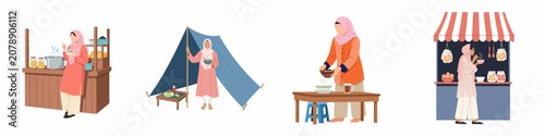 Set of flat vector illustrations showing Muslim women in hijabs preparing and enjoying traditional street food and meals in outdoor settings.