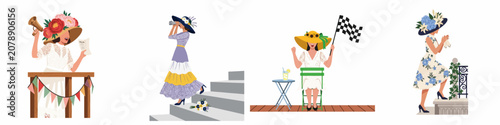 Set of flat vector illustrations featuring elegantly dressed women in large floral hats attending a horse racing event or garden party.
