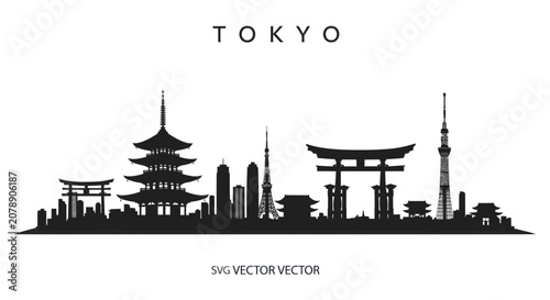 Tokyo skyline silhouette featuring landmarks and traditional temples