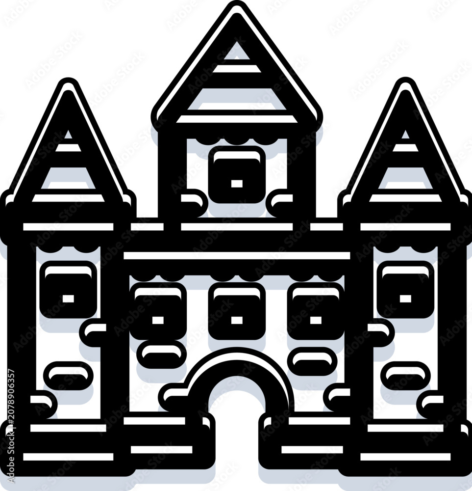 Obraz premium Playful castle icon representing childhood fantasy and imaginative play, simple black and white vector outline ideal for children's games, storybooks, apps, and educational design