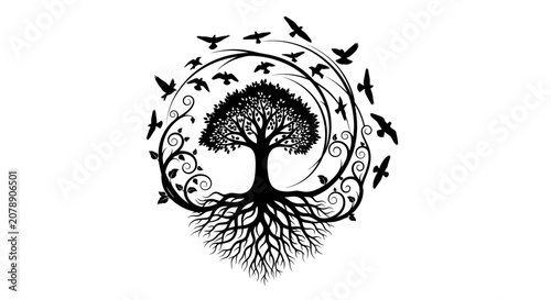 Картината върху платно Majestic tree of life with sprawling roots and circular bird flock
