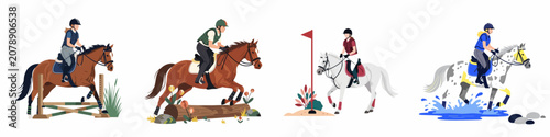Bild auf Leinwand Vector illustrations of equestrian eventing riders jumping obstacles and navigating water hazards on various horse breeds