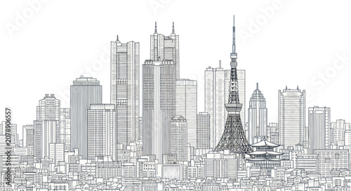 Tokyo city skyline sketch with skyscrapers and communication tower