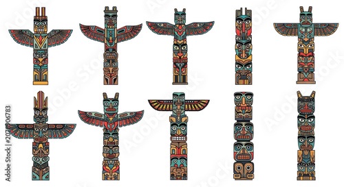 Set of colorful indigenous totem poles with tribal animal carvings
