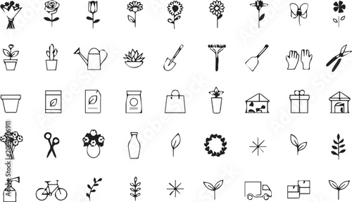 Bild auf Leinwand Florist Editable Outline Icon Set with Flowers, Gardening Tools, Bouquets, Shop