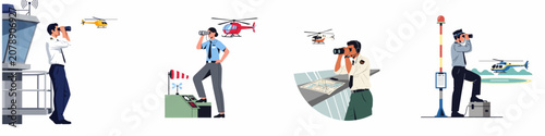 Bild auf Leinwand Air traffic controllers and flight dispatchers monitoring helicopter flights using binoculars in various airport and heliport settings