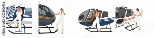 Konstfotografi Set of flat illustrations featuring a stylish woman in a white jumpsuit posing with luxury helicopters for travel and fashion concepts