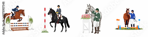 Flat vector illustrations of equestrian sport activities including show jumping, dressage, and horse riding training on white background.
