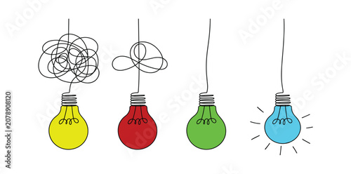 Four hanging lightbulbs symbolizing the journey from complex ideas to simple solutions and innovation. Each lightbulb has a different color and a string.