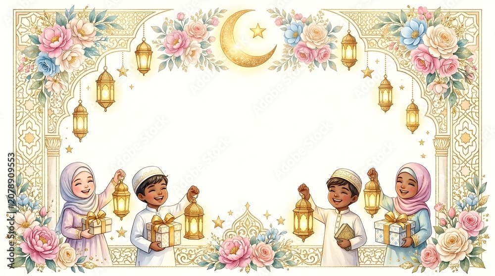 Fototapeta premium An elegant watercolor illustration of cheerful Muslim kids holding lanterns and gifts, framed with Islamic patterns, flowers, and a golden crescent moon for Ramadan.