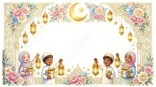 An elegant watercolor illustration of cheerful Muslim kids holding lanterns and gifts, framed with Islamic patterns, flowers, and a golden crescent moon for Ramadan.