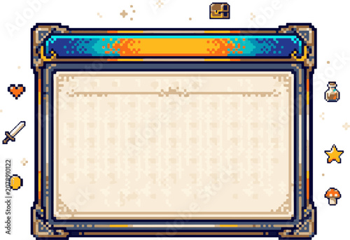 Foto Vintage pixel art rpg game UI interface frame with icons interface mushroom vide