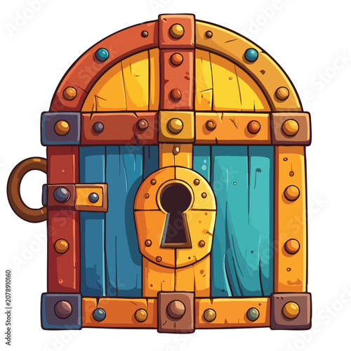 Fantasy treasure chest door with metal reinforcements and keyhole.