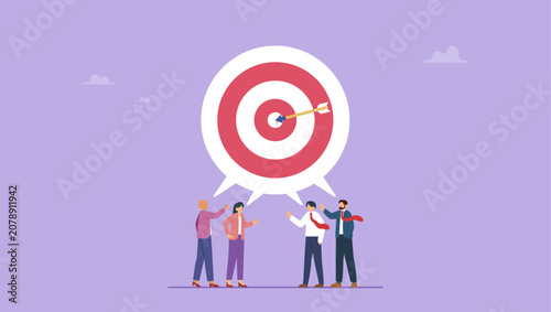 Business people employees taking same business bullseye achievement target. Team target or teamwork achieve goal and success together, business mission, collaboration or cooperation to same objective.