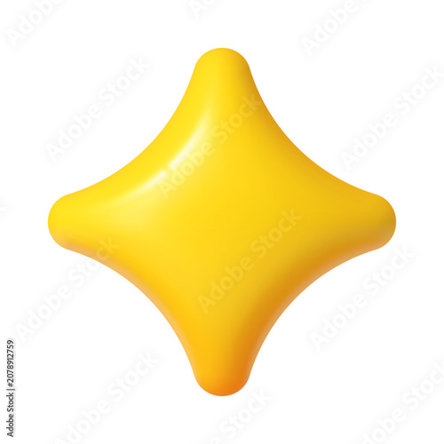 3d yellow rounded four point star realistic shape. Glossy star 3d render geometric shape, light sparkle icon or vector figure. Isolated light spark symbol or yellow balloon realistic form