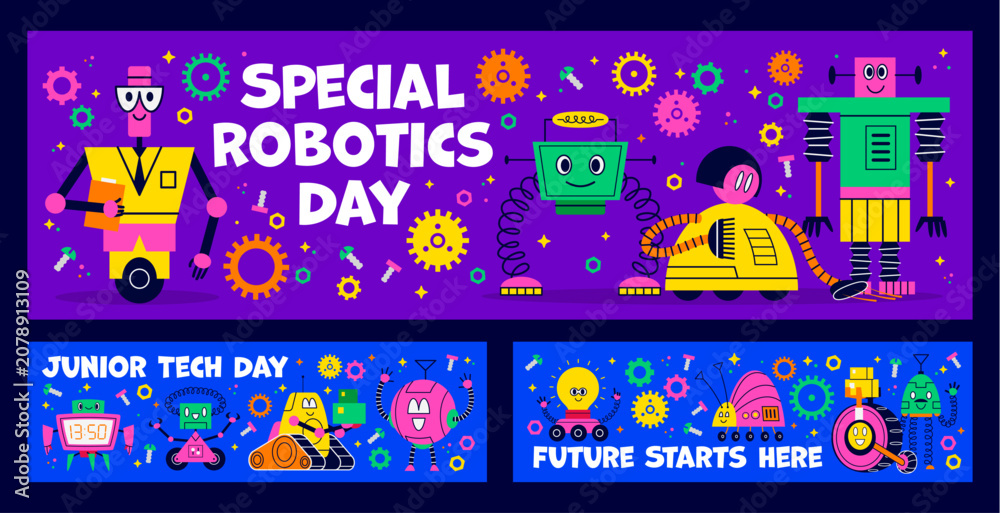 Fototapeta premium Kids game banners with funny robot droids celebrating Special Robotics Day or Junior Tech Day with friendly cartoon machines characters convey fun, learning, creativity, future technology for children