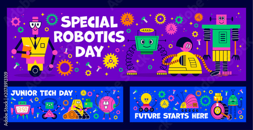 Cuadro en lienzo Kids game banners with funny robot droids celebrating Special Robotics Day or Ju