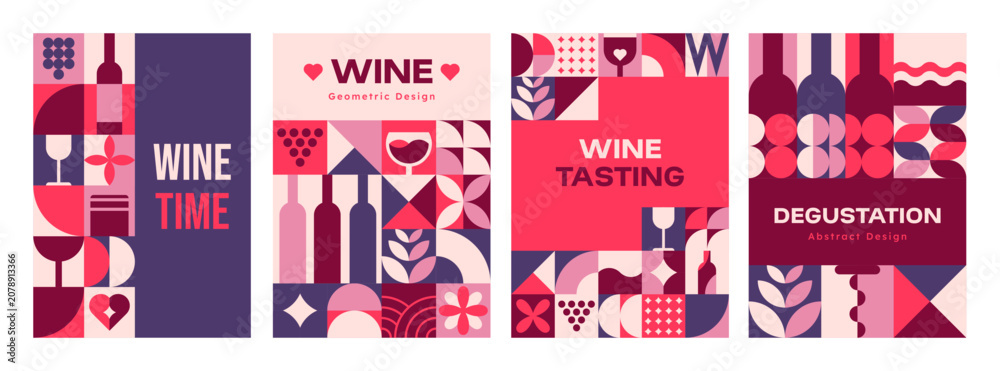 Obraz premium Wine, winery and winemaking posters with modern geometric pattern of grape vines, glasses and bottles silhouettes. Abstract geometric shapes mosaic background of red, white and rose wine alcohol drink